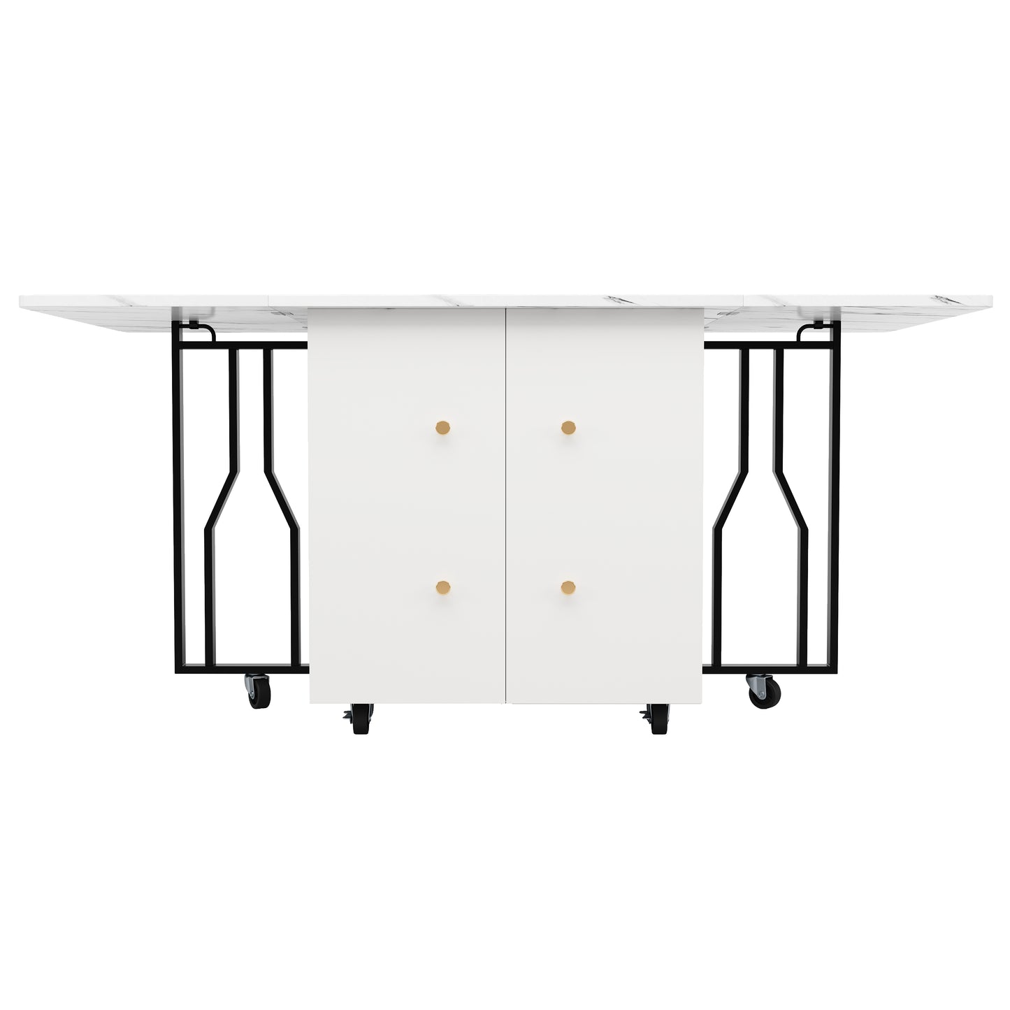 Tragbarer Esstisch, klappbare Tischplatte, marmorierte Tischplatte, geeignet für Esszimmer, Wohnzimmer, verstellbare Trennwände, großes Staufach, 6 Rollen (2 feststellbar), schwarze Tischbeine