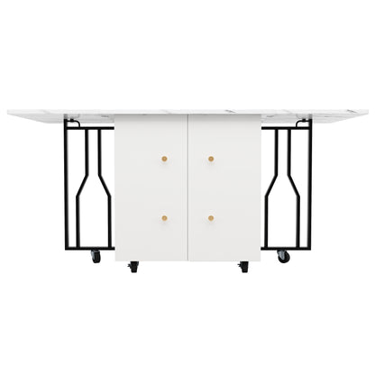 Tragbarer Esstisch, klappbare Tischplatte, marmorierte Tischplatte, geeignet für Esszimmer, Wohnzimmer, verstellbare Trennwände, großes Staufach, 6 Rollen (2 feststellbar), schwarze Tischbeine