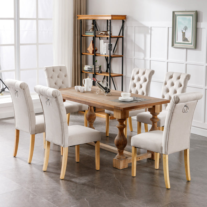 Samt Esszimmerstühle 2er Set mit Eichenbeinen, Knopf, Beige