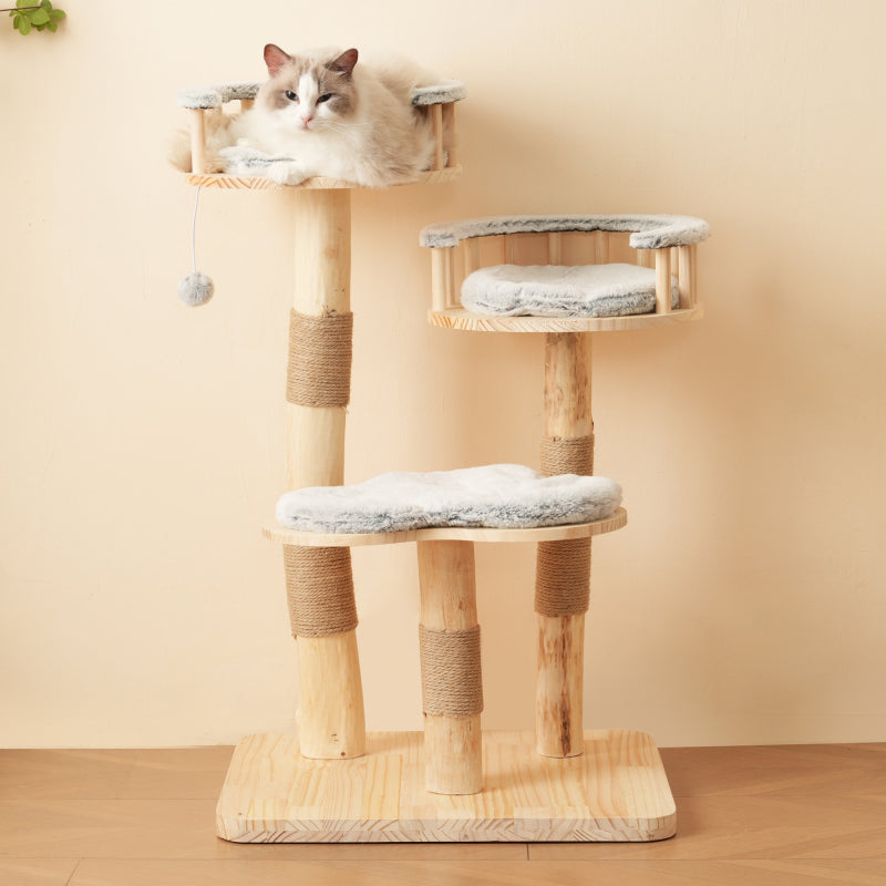 Designer Katzenklettergerüst aus Massivholz - 98 cm hoch, 3-stufiges Sprungbrett, abnehmbare Kissen und Spielbälle, Wolkenoptik-Imitation