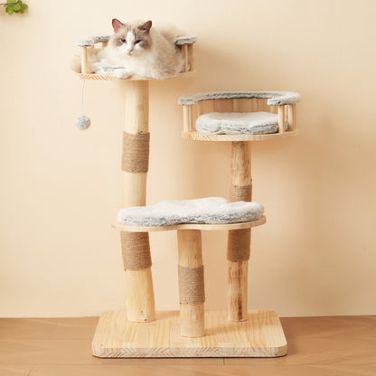 Designer Katzenklettergerüst aus Massivholz - 98 cm hoch, 3-stufiges Sprungbrett, abnehmbare Kissen und Spielbälle, Wolkenoptik-Imitation