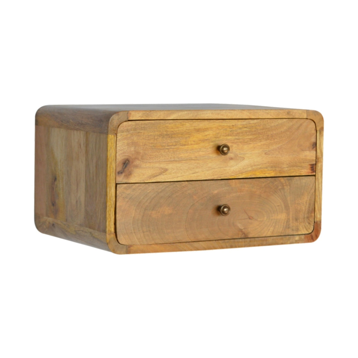 Schwebender Nachttisch aus massivem Mangoholz – Oak-ish Finish, 2 Schubladen, Wandmontage, Handgefertigt, Fertig montiert, 45x32x25 cm