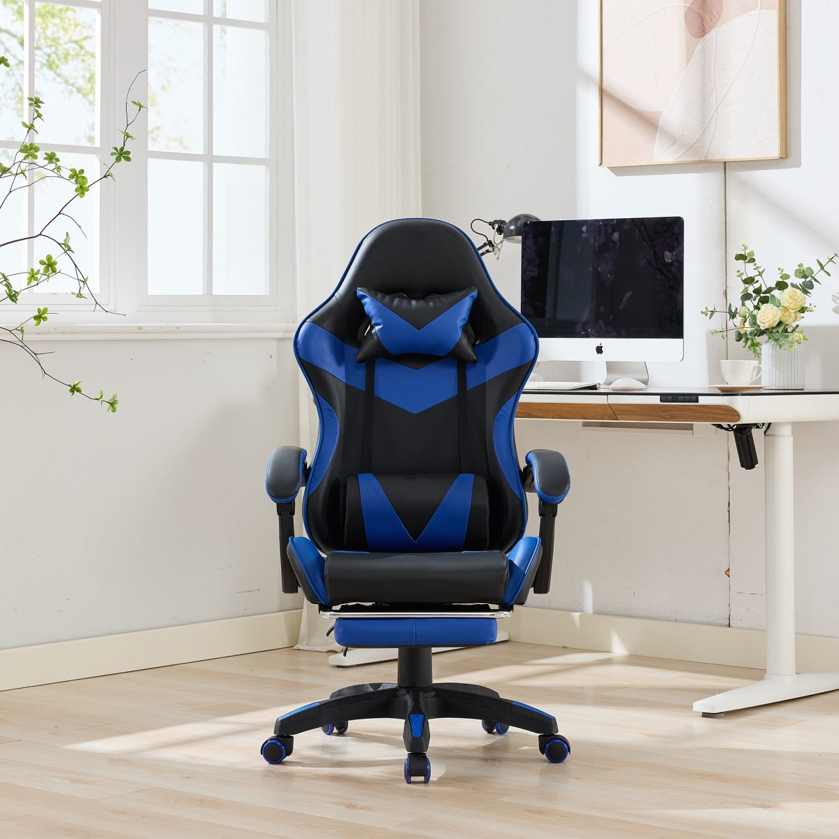 Gaming Stuhl Racing Design, 155° Liegefunktion, Fußstütze, Lendenmassage, Schwarz-Blue