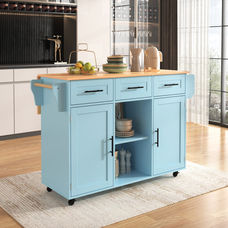 139x46(71)x91,5 cm großer Esswagen/Anrichte, Korpus Blau + Arbeitsplatte in Massivholzmaserung, klappbare Arbeitsplatte, Ablagetür, Rollen, auswechselbare Massivholzfüße, geeignet für Esszimmer, Küche