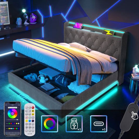 Polsterbett Doppelbett, 360-Surround-LED-Funktion, Drucktaste/App/Fernbedienung,160*200 cm,Grau Leinen-Material Hydraulisches Lagerbett, gepolstertes Kopfteil mit USB Typ-C Ladefunktion(Ohne Matratze)