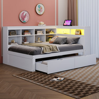Massivholz-Einzelbett 90x200 Weiß mit LED & USB-Steckdose - Multifunktionales Schlafsofa mit Regalen, Ablagefächern & viel Stauraum, Weiß