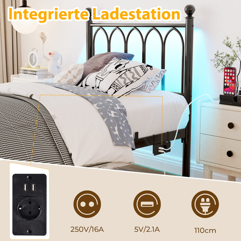 90x200cm Metall Bettrahmen mit Vintage Kopf und Fußplatte, USB-Ladestation, LED-Bettrahmen, Heavy Duty Stahl Slat Unterstützung, Reichweite Unterbett-Speicher, Keine Box-Feder erforderlich, Schwarz