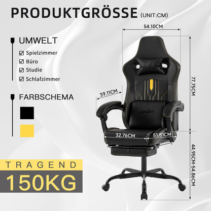 Gaming Stuhl Computerstuhl Ergonomischer Gaming Chair mit Fußstütze Bürostuhl Ergonomischer Computerstuhl mit Lendenwirbelstütze Schwarz