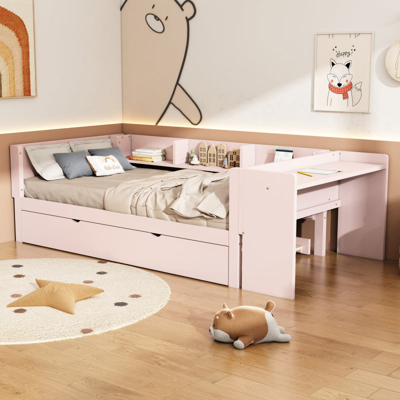 90*200cm, Flachbett, mit ausziehbarem Bett, mit Schreibtisch, drei Regale an der Seite des Bettes, Rosa