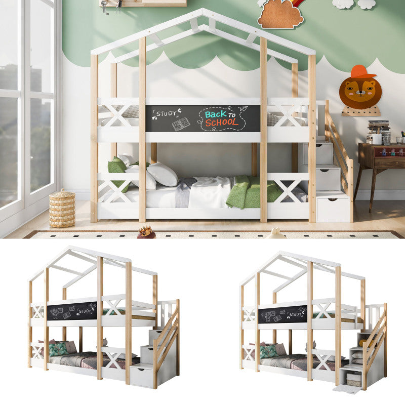 Kinderbett Baumhaus mit Rutsche & Leiter 90 x 200 cm, Hochbett für Kinder– 2x Lattenrost- Natur & Weiß