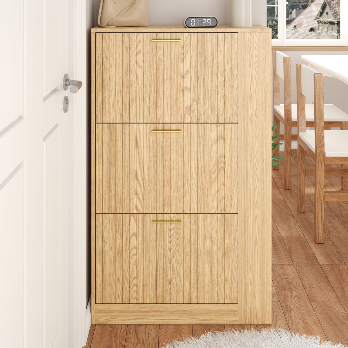 Moderner Schuhschrank aus Holz - 3 Türen, Großes Fassungsvermögen & Offene Regalfächer - Stilvoller Schuhkipper für Eingangsbereich & Foyer