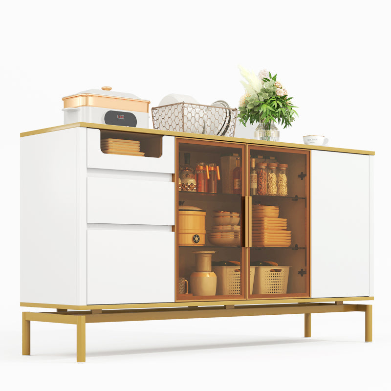 Elegantes Sideboard 150Lx40Bx80H cm, weiß, Arbeitsplatte aus Marmor, goldene Zierleiste - Moderner Stauraumschrank mit Glas- und Holzfächern