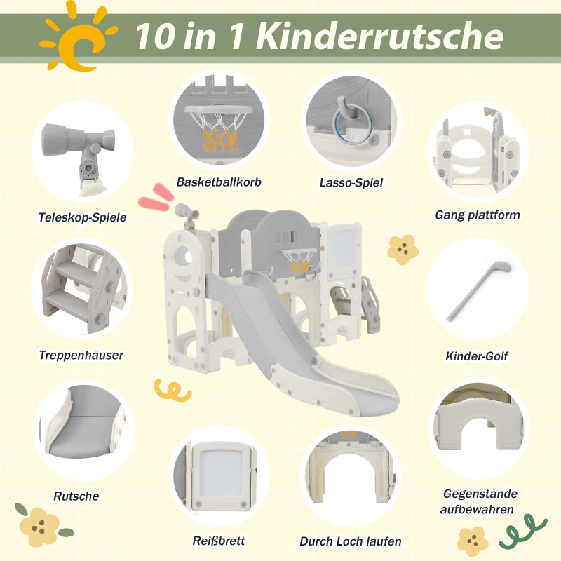 10 in 1 Kinderrutsche Kletterspielzeug, Multifunktionsrutsche Rutschen, freistehende Rutsche, Klettern, Bohrspiel, Stauraum, Spielkorridor, Basketballkorb, Lasso-Spiel, Reißbrett, Golfspiel, Teleskop.