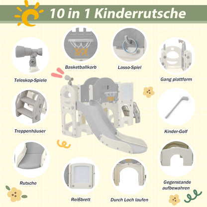 10 in 1 Kinderrutsche Kletterspielzeug, Multifunktionsrutsche Rutschen, freistehende Rutsche, Klettern, Bohrspiel, Stauraum, Spielkorridor, Basketballkorb, Lasso-Spiel, Reißbrett, Golfspiel, Teleskop.