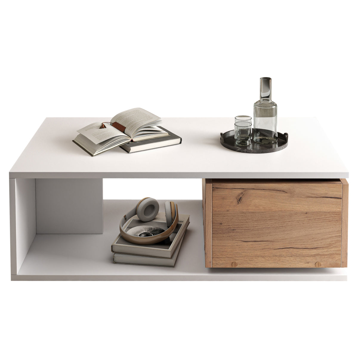 Design Couchtisch 90x50x30cm Weiß & Holz - Hochglanz Kaffeetisch mit 360° drehbarer Schublade & offenem Stauraum - Moderner Beistelltisch