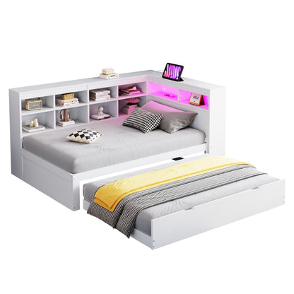 Massivholz-Einzelbett 90x200 Weiß mit Ausziehbett - Multifunktionales Schlafsofa inkl. LED, USB-Steckdose, Regalen & viel Stauraum, Weiß