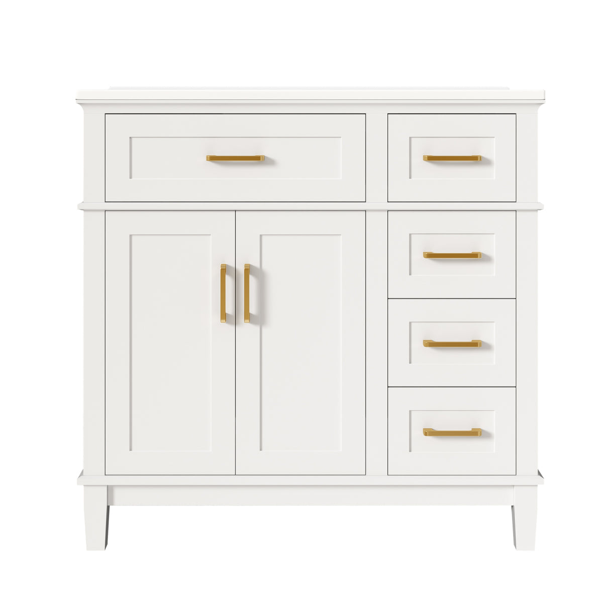 Badezimmer-Unterschrank 90×46×87 cm, weiß lackiert, Keramikwaschbecken, leise Schubladendämpfung, Massivholzbeine, viel Stauraum, goldene Griffe