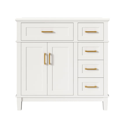 Badezimmer-Unterschrank 90×46×87 cm, weiß lackiert, Keramikwaschbecken, leise Schubladendämpfung, Massivholzbeine, viel Stauraum, goldene Griffe