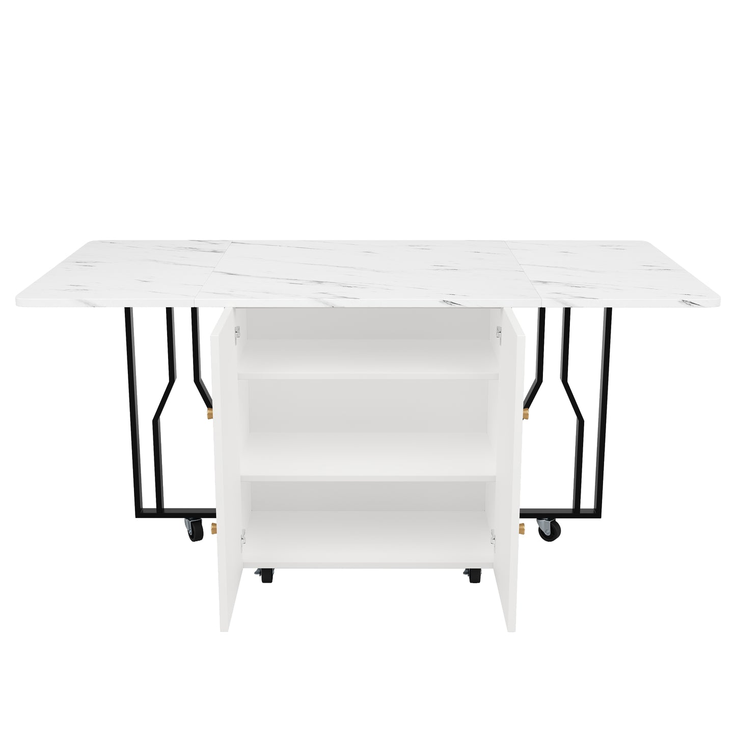 Tragbarer Esstisch, klappbare Tischplatte, marmorierte Tischplatte, geeignet für Esszimmer, Wohnzimmer, verstellbare Trennwände, großes Staufach, 6 Rollen (2 feststellbar), schwarze Tischbeine