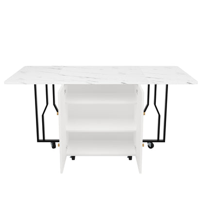 Tragbarer Esstisch, klappbare Tischplatte, marmorierte Tischplatte, geeignet für Esszimmer, Wohnzimmer, verstellbare Trennwände, großes Staufach, 6 Rollen (2 feststellbar), schwarze Tischbeine