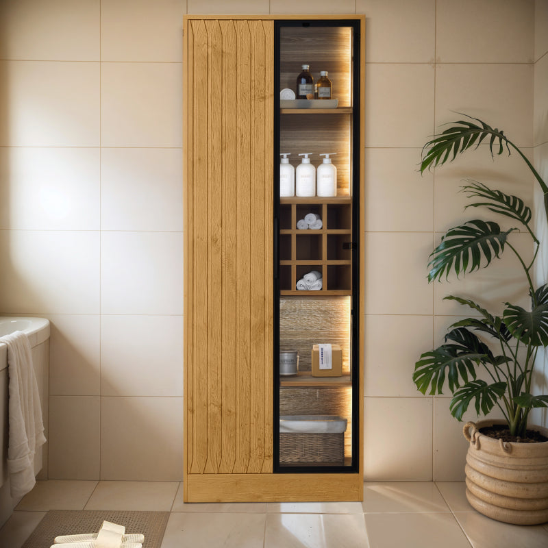 Badezimmerschrank, mittel, mit Lichtleiste, 73 cm breit, mit 2 großen Schubladen und 2 Türen, Glastür
