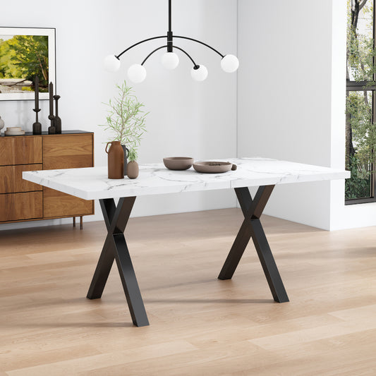 Esstisch, Design mit gekreuzten Beinen, Marmorstruktur, Schwarz und Weiß