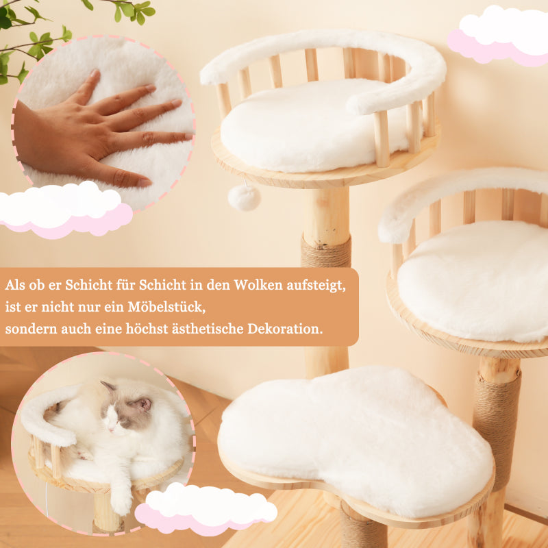 Designer Katzenklettergerüst aus Massivholz - 98 cm hoch, 3-stufiges Sprungbrett, abnehmbare Kissen und Spielbälle, Wolkenoptik-Imitation - Natürlich, umweltfreundlich, nachhaltige Nutzung, Katzenklet