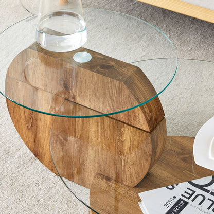 Moderner minimalistischer gehärteter Glas-Couchtisch, mehrschichtiges Design, mit natürlichen Holz-Textur-Aufklebern