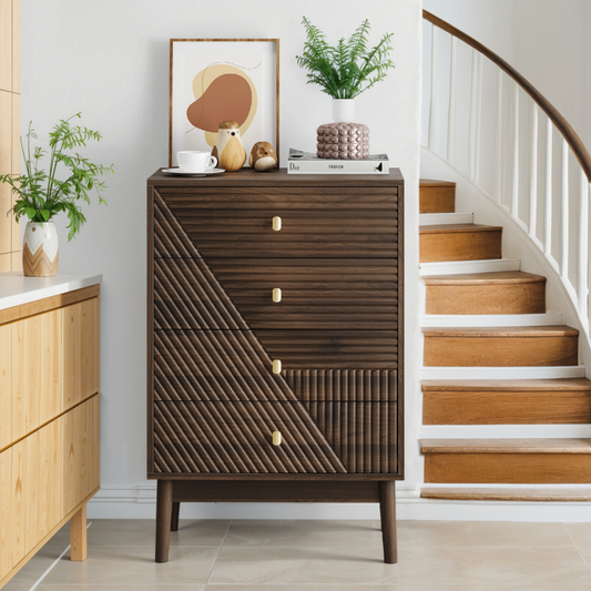 Kommode mit 4 Schubladen, Aufbewahrungsschrank aus Holz, Frisiertisch-Aufbewahrungsschrank für Wohnzimmer, Schlafzimmer, Flur, Walnuss