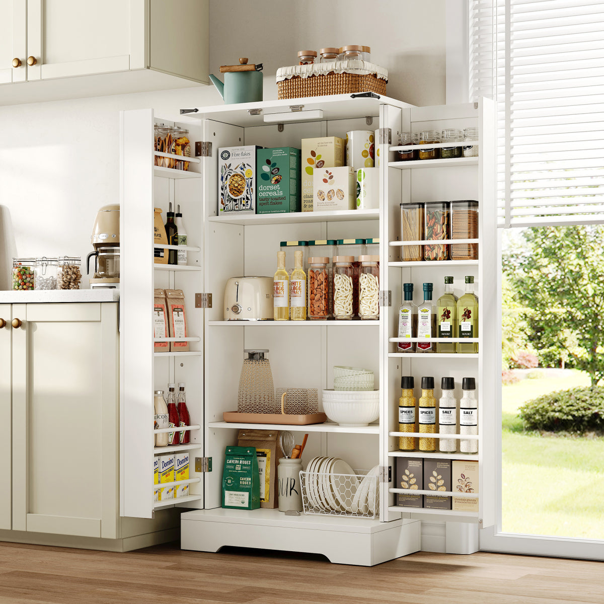 Buffetschrank Weiß 128,5 cm, Hochschrank Landhausstil mit automatischer LED-Beleuchtung, Türregale & Kippschutz
