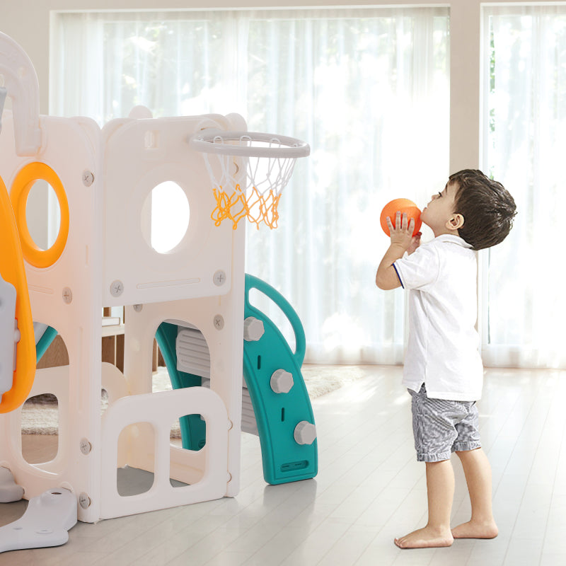7-in-1-Rutsche für Kinder, bestehend aus Rutsche, Schaukel, Plattform, Unterschrank, Lochbohrspiel, Basketballkorb und Treppe - hochdichtes Polyethylen (Ozeanball nicht enthalten)