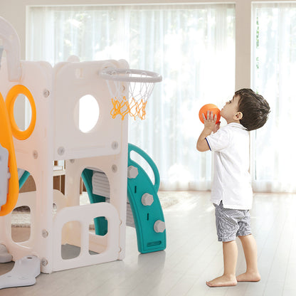 7-in-1-Rutsche für Kinder, bestehend aus Rutsche, Schaukel, Plattform, Unterschrank, Lochbohrspiel, Basketballkorb und Treppe - hochdichtes Polyethylen (Ozeanball nicht enthalten)