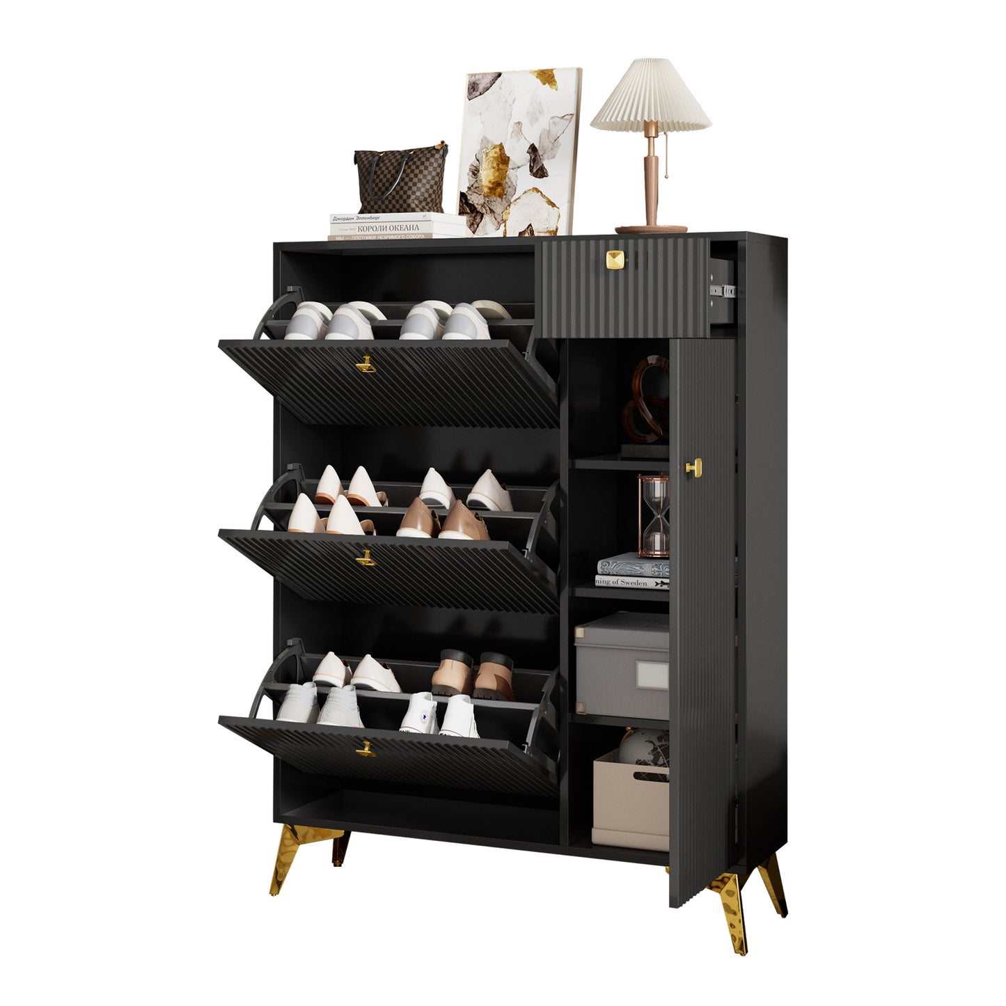 Schuhschrank mit 3 Klappen, 1 Schublade und 1 Tür, Schuhregal, Schuhkipper schmal, Schuhschrank Schwarz
