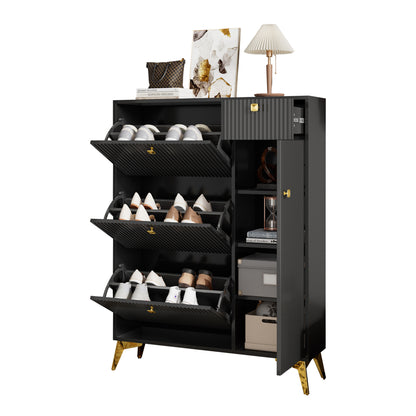 Schuhschrank mit 3 Klappen, 1 Schublade und 1 Tür, Schuhregal, Schuhkipper schmal, Schuhschrank Schwarz