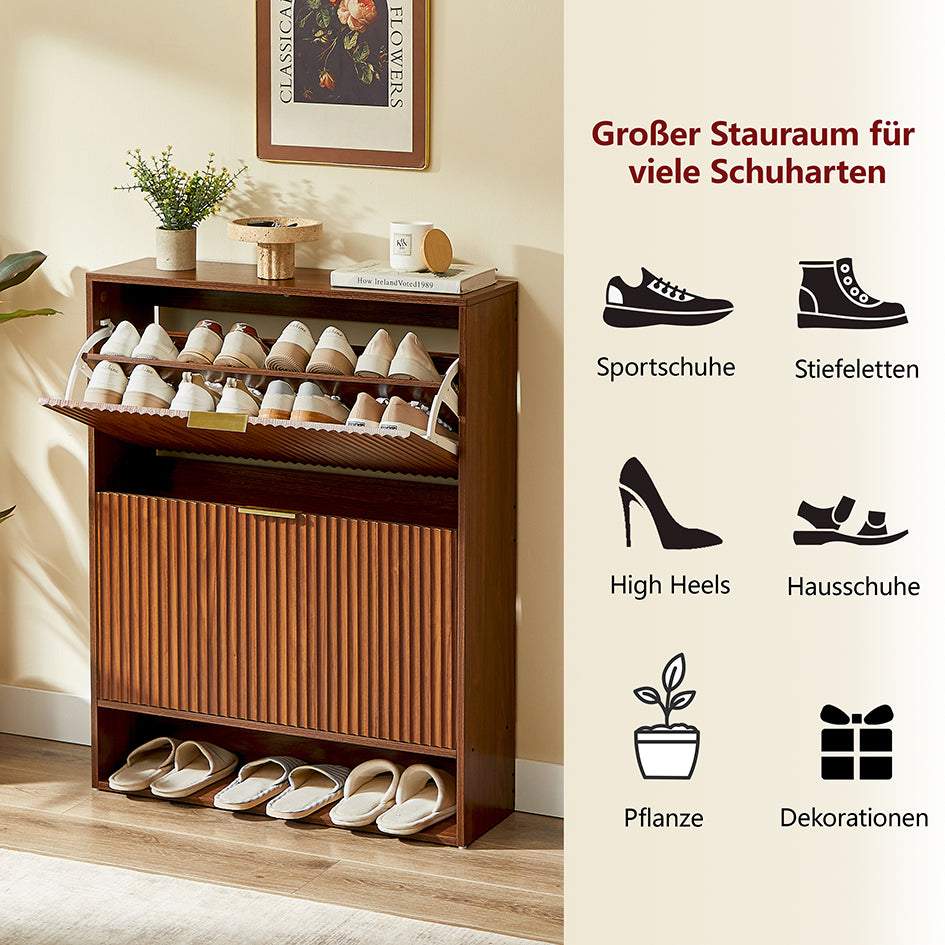 Schmaler Schuhkipper 24cm Nussbaum-Optik – Schuhschrank mit Nutfront & Kippschutz – Platzsparendes Schuhregal für 20+ Paar Schuhe