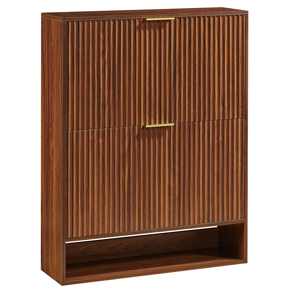 Schmaler Schuhkipper 24cm Nussbaum-Optik – Schuhschrank mit Nutfront & Kippschutz – Platzsparendes Schuhregal für 20+ Paar Schuhe