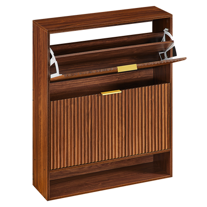 Schmaler Schuhkipper 24cm Nussbaum-Optik – Schuhschrank mit Nutfront & Kippschutz – Platzsparendes Schuhregal für 20+ Paar Schuhe