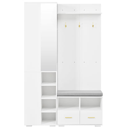 Garderobenset Weiß 120x35x190 cm mit Spiegel, Kleiderstange, Schuhbank, 3 Haken, 2 Schubladen & Ablagefach
