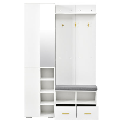 Garderobenset Weiß 120x35x190 cm mit Spiegel, Kleiderstange, Schuhbank, 3 Haken, 2 Schubladen & Ablagefach
