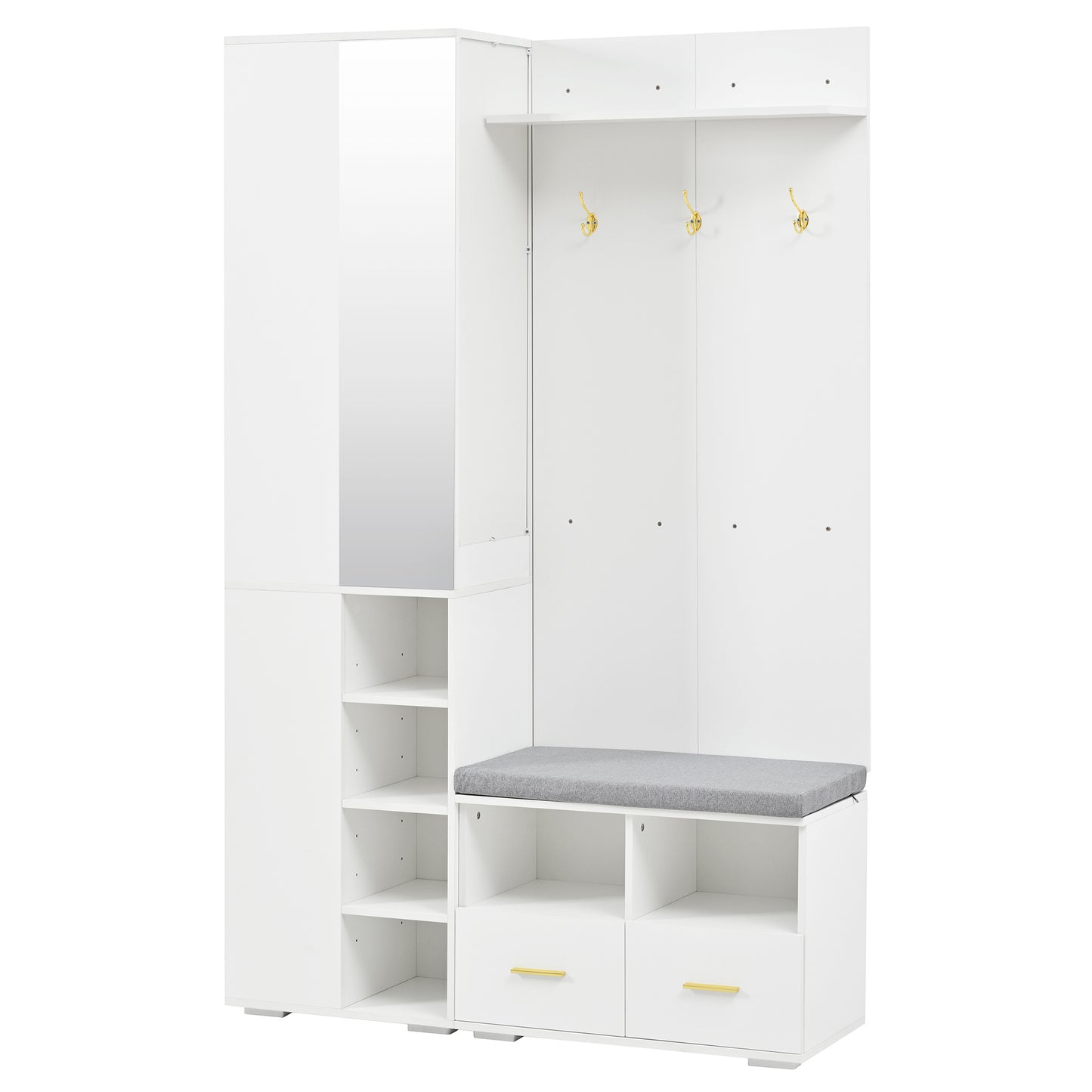 Garderobenset Weiß 120x35x190 cm mit Spiegel, Kleiderstange, Schuhbank, 3 Haken, 2 Schubladen & Ablagefach