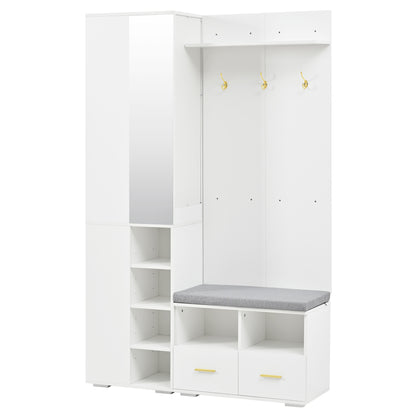 Garderobenset Weiß 120x35x190 cm mit Spiegel, Kleiderstange, Schuhbank, 3 Haken, 2 Schubladen & Ablagefach
