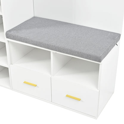 Garderobenset Weiß 120x35x190 cm mit Spiegel, Kleiderstange, Schuhbank, 3 Haken, 2 Schubladen & Ablagefach