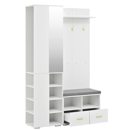 Garderobenset Weiß 120x35x190 cm mit Spiegel, Kleiderstange, Schuhbank, 3 Haken, 2 Schubladen & Ablagefach