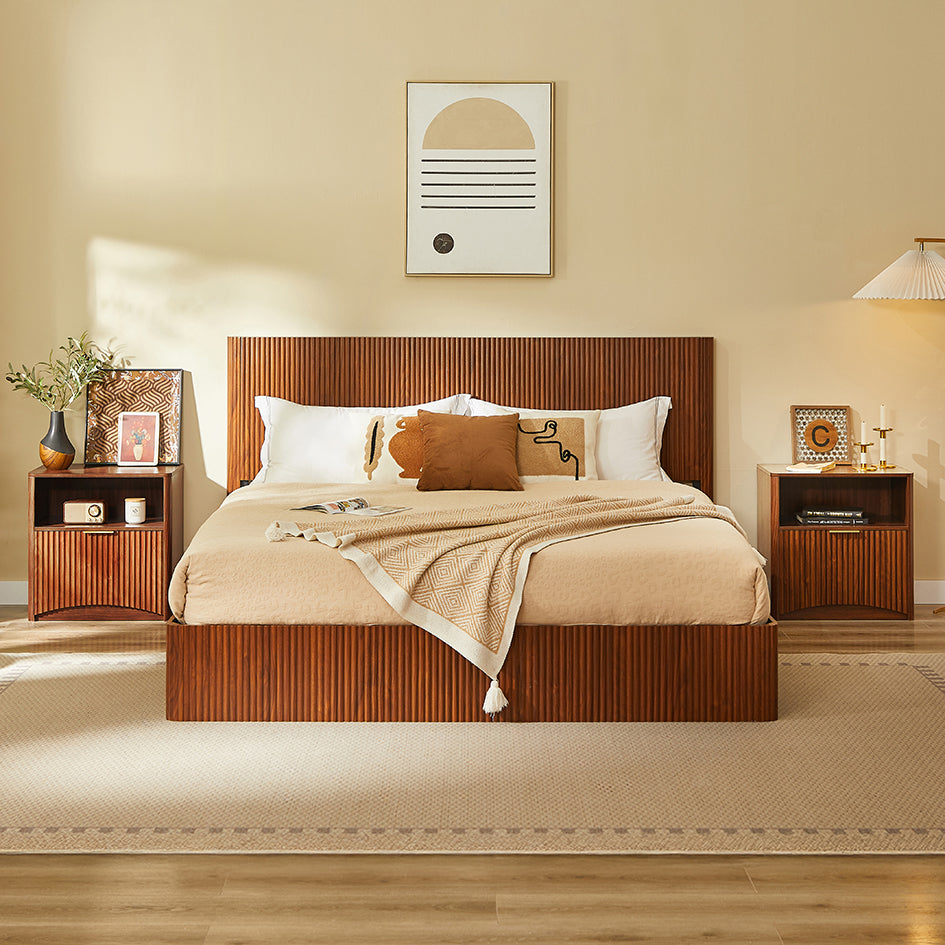 Nachttisch Nussbaum-Optik mit Rillendesign & Schublade – Beistelltisch mit goldenem Griff & abgerundeten Kanten – Modernes 3-Stufen-Storage