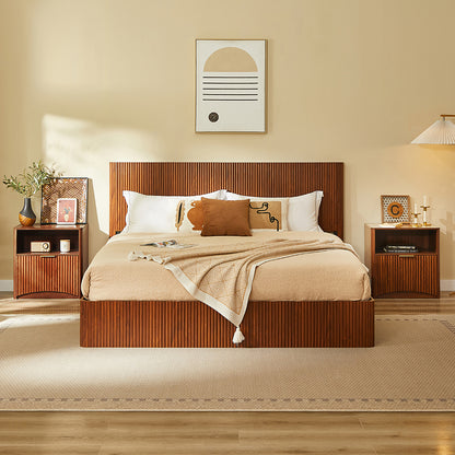 Nachttisch Nussbaum-Optik mit Rillendesign & Schublade – Beistelltisch mit goldenem Griff & abgerundeten Kanten – Modernes 3-Stufen-Storage