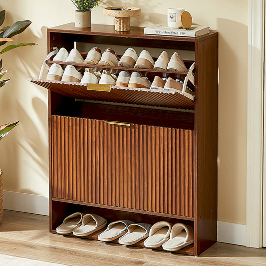 Schmaler Schuhkipper 24cm Nussbaum-Optik – Schuhschrank mit Nutfront & Kippschutz – Platzsparendes Schuhregal für 20+ Paar Schuhe
