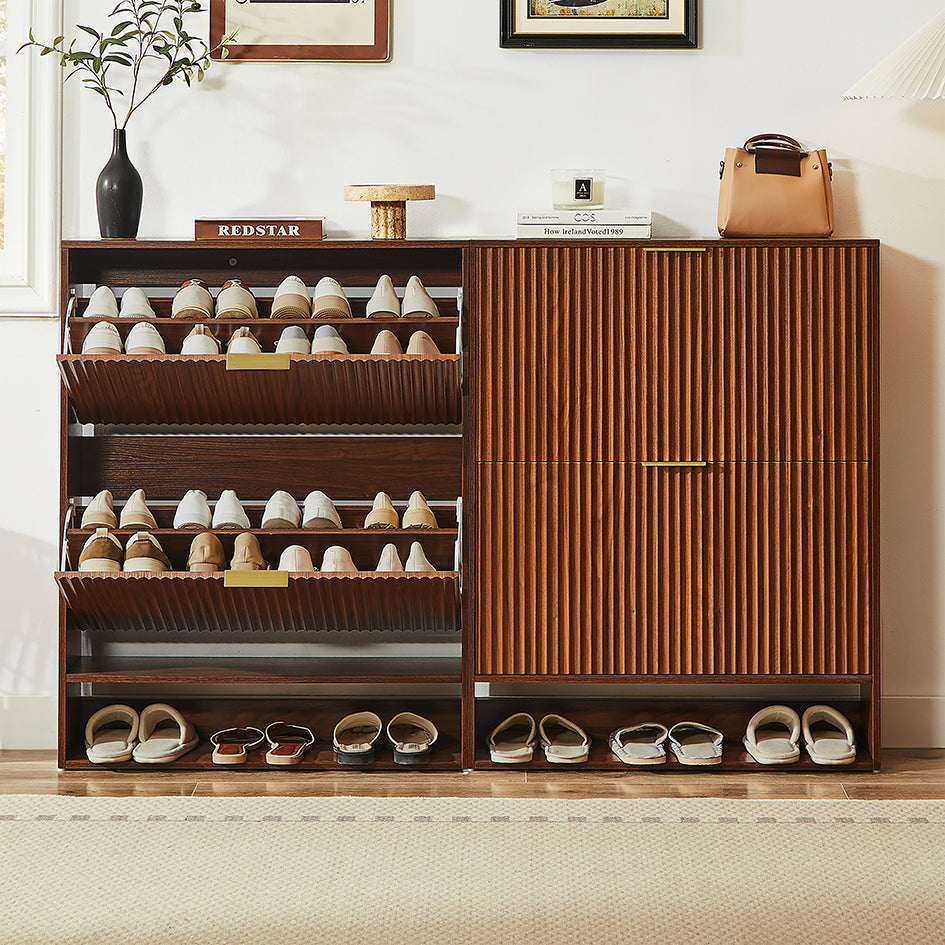 Schmaler Schuhkipper 24cm Nussbaum-Optik – Schuhschrank mit Nutfront & Kippschutz – Platzsparendes Schuhregal für 20+ Paar Schuhe