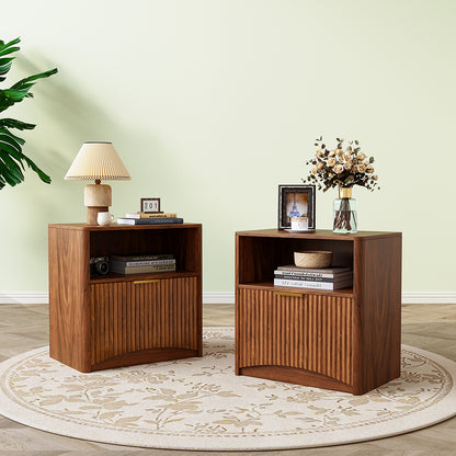 Nachttisch Nussbaum-Optik mit Rillendesign & Schublade – Beistelltisch mit goldenem Griff & abgerundeten Kanten – Modernes 3-Stufen-Storage