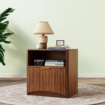 Nachttisch Nussbaum-Optik mit Rillendesign & Schublade – Beistelltisch mit goldenem Griff & abgerundeten Kanten – Modernes 3-Stufen-Storage