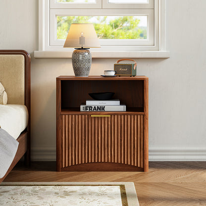Nachttisch Nussbaum-Optik mit Rillendesign & Schublade – Beistelltisch mit goldenem Griff & abgerundeten Kanten – Modernes 3-Stufen-Storage